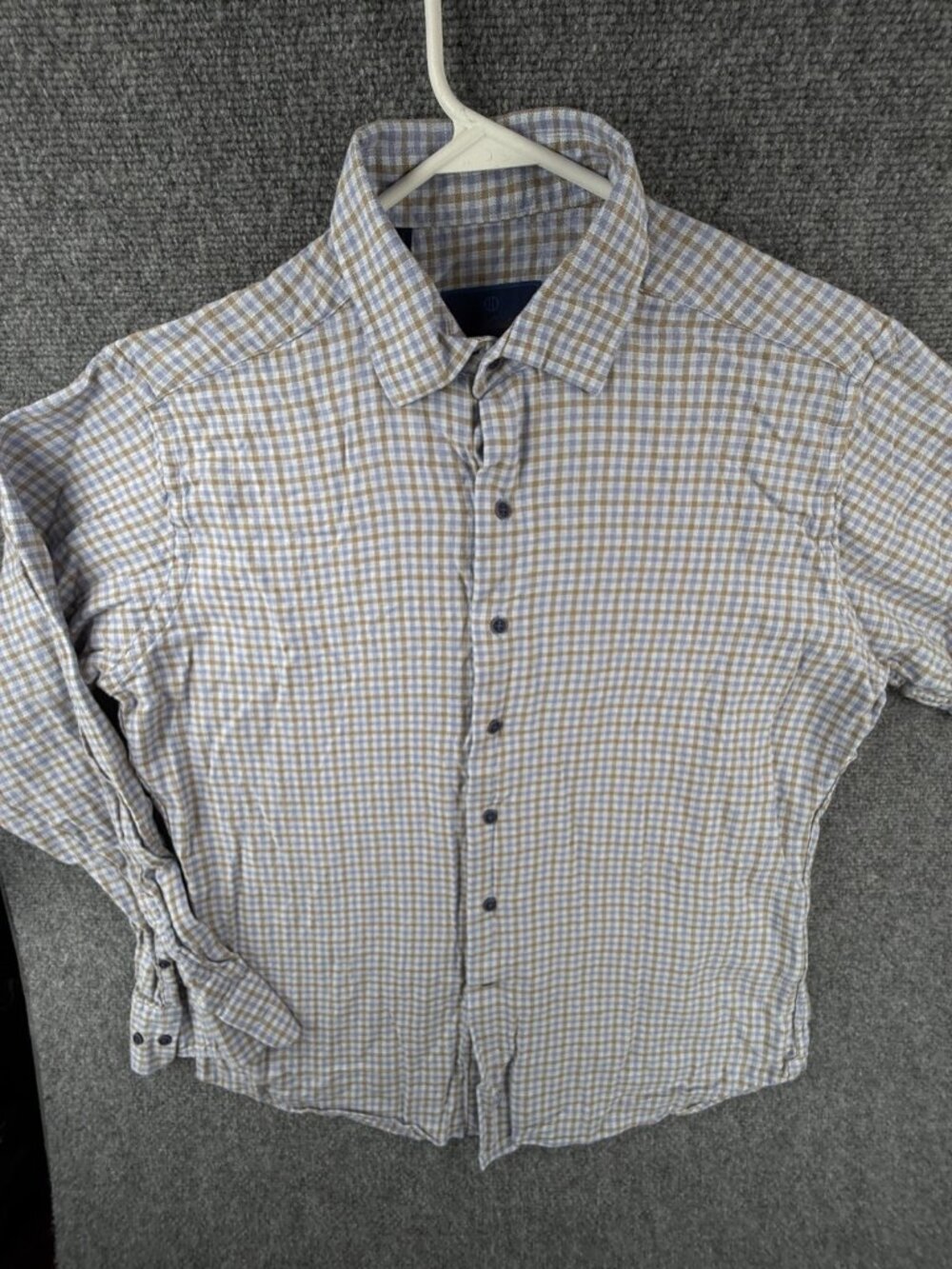 David Donahue FUSION Linen Cotton Long Sleeve Button Up Shirt Brown Blue 16.5 LG